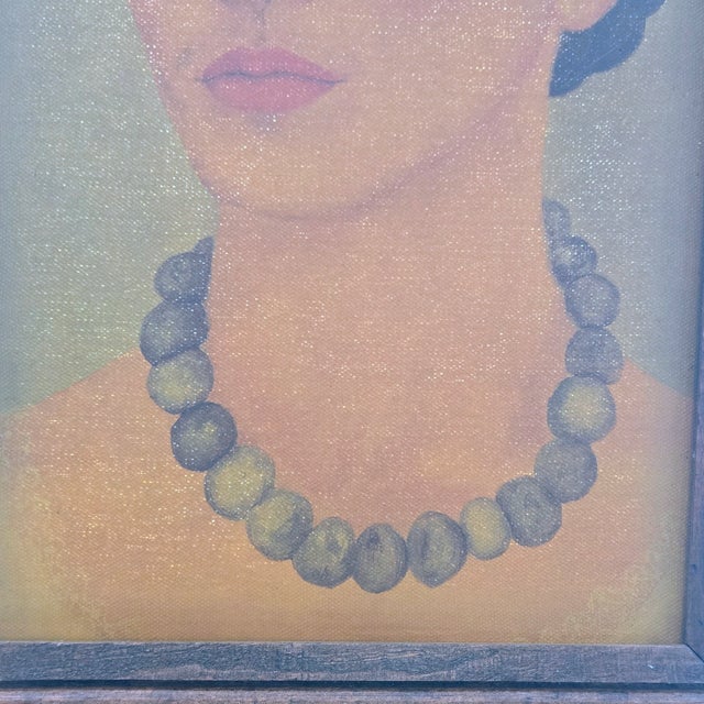 Wood Mid-Century Turista Mexican Folk Art: Frida Kahlo "Self-Portrait With Necklace" (1933) Lithograph on Canvas - Rustic Pine Frame For Sale - Image 7 of 11