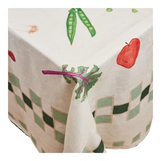 Misette Still Life Linen Tablecloth in Green, 145" x 80" For Sale