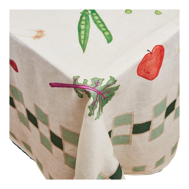 Misette Still Life Linen Tablecloth in Green, 145" x 80" For Sale