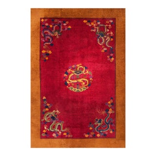 1920s Red Dragon Antique Chinese Art Deco Rug 6' X 8'9 Handknotted Wool Carpet For Sale