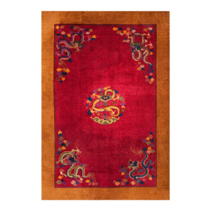 1920s Red Dragon Antique Chinese Art Deco Rug 6' X 8'9 Handknotted Wool Carpet