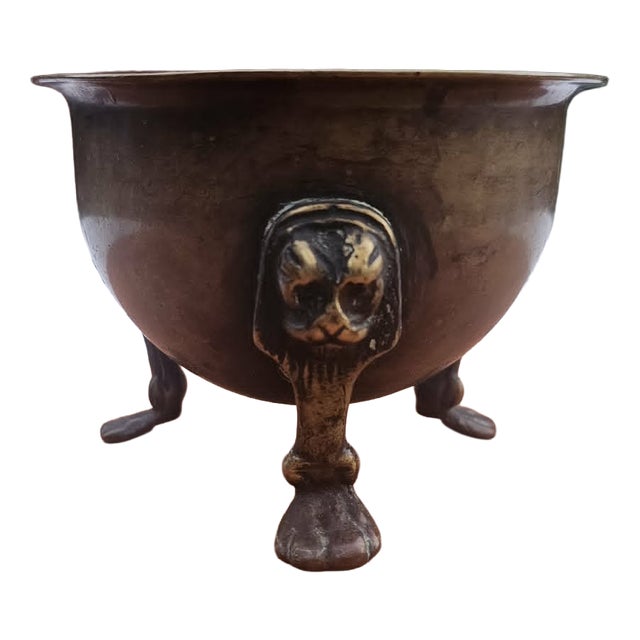 9th Century English Brass Bowl with Lion Mask and Paw Feet, 1890s For Sale