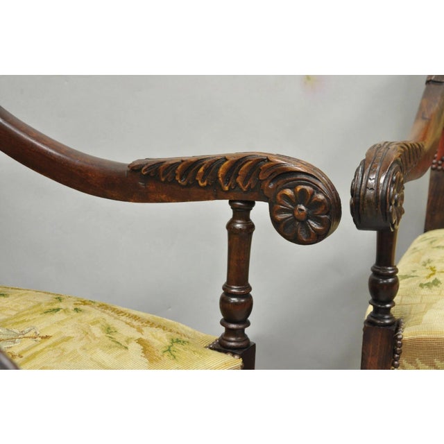 Antique French Louis XIV Style Needlepoint Tapestry Carved Walnut Arm Chair Pair For Sale - Image 17 of 18
