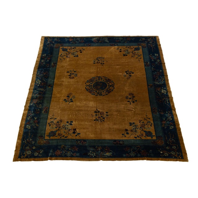 Textile Antique Chinese Art Deco Wool Rug With Medallion and Indigo Floral Borders 9x11 For Sale - Image 7 of 10