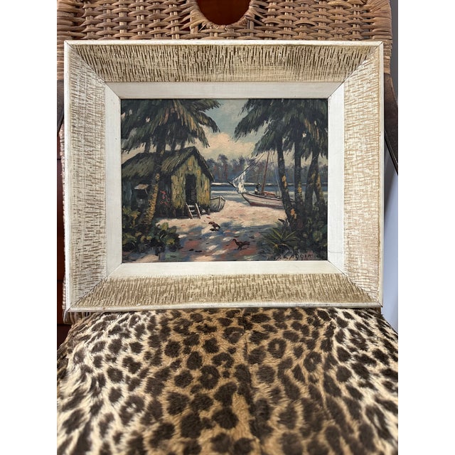 Vintage Mid-Century Signed Coastal Oil Painting With Palm Trees & Chickens For Sale - Image 14 of 15