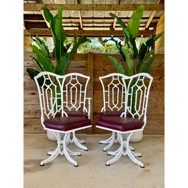 Set of Four Vintage Faux Bamboo Swivel Dining Chairs in Glossy White For Sale - Image 11 of 12