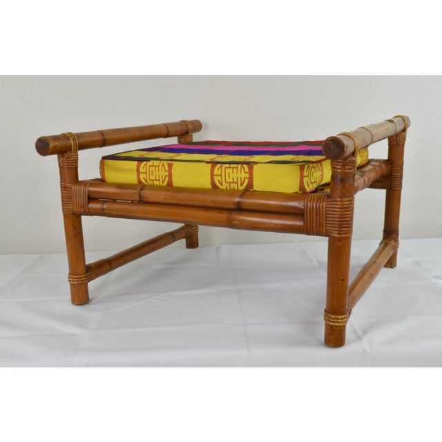 Brown Vintage Single Strand Rattan Pole Ottoman Footstool with Wicker Strappings For Sale - Image 8 of 9