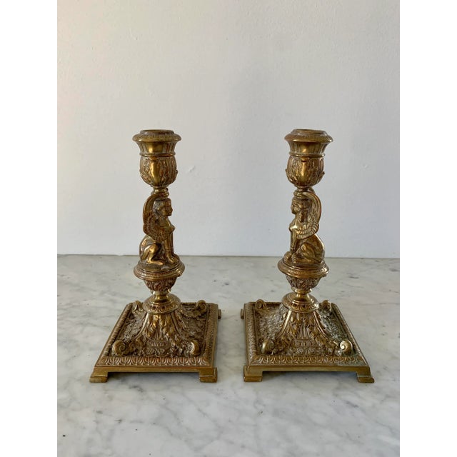 19th-Century Egyptian Revival Gilt Bronze Sphinx Candlesticks, Pair For Sale - Image 10 of 13
