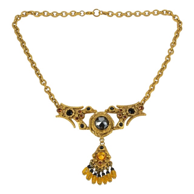 Henry Perichon Gilded Bronze Chain Necklace with Jeweled Cabochons For Sale
