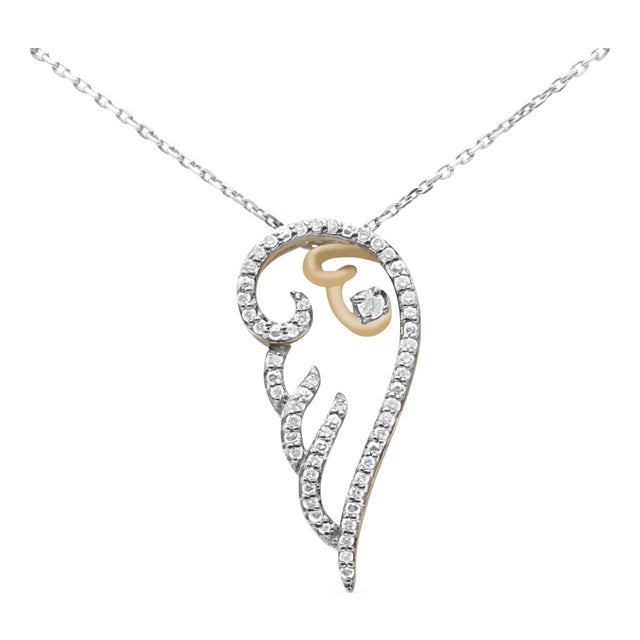 10K Yellow Gold over .925 Sterling Silver 1/4 Cttw Diamond Angel Wing 18" Pendant Necklace For Sale