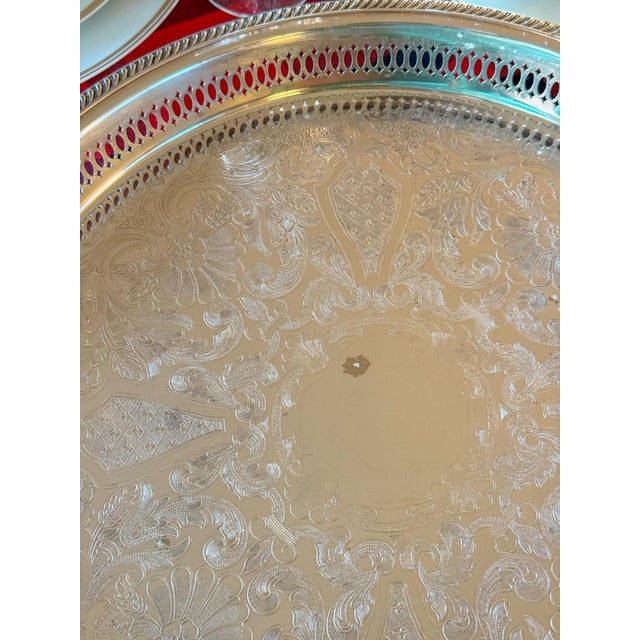 Large Vintage Etched Silver Plate Pierced Gallery Serving Tray, 15" Dia For Sale - Image 4 of 8