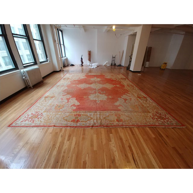 Antique Oushak Carpet, Oriental Rug, Handmade Rug Saffron, Light Blue and Coral For Sale - Image 9 of 18