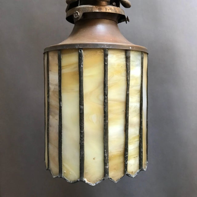 Brass Pair of Arts & Crafts Stain Glass and Brass Pendant Lights For Sale - Image 8 of 9