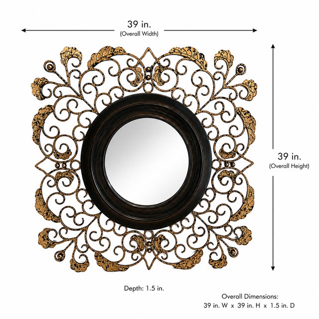 Hollywood Regency Artmax Ornate Dark Brown & Gold Scrollwork Wall Mirror – 39" Square For Sale - Image 3 of 4
