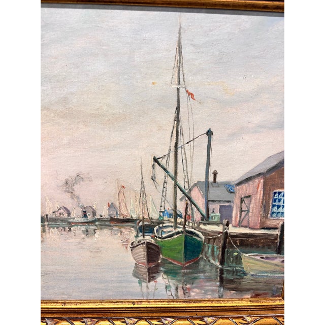 Oil Painting Depicts a Tranquil Harbor Scene With Fishing Boats Moored by a Pier and a Small Rowboat in the Calm Water. By J .Henry Hallbert For Sale In Miami - Image 6 of 12
