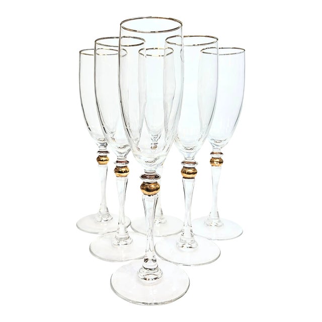 Gold Beaded Stemmed Champagne Flutes- Set of Six For Sale