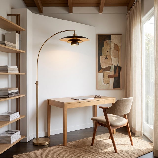 NOVA of California Float Chairside Arc Floor Lamp - Weathered Brass Steel Base, FLEUR Matte Black/Gold Tiered Shade,...