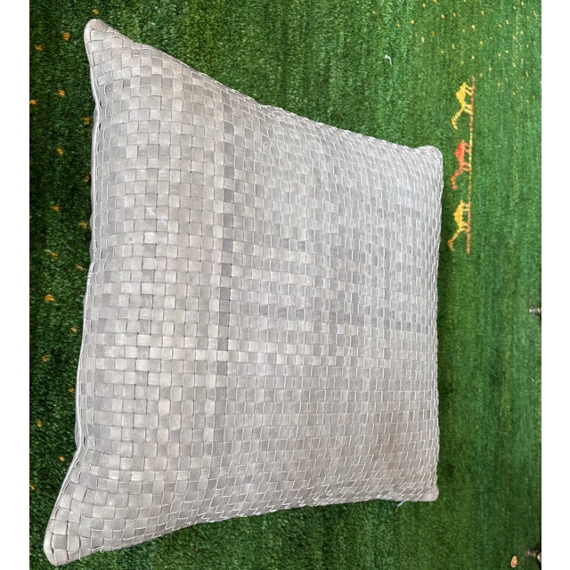 Lulu & Georgia Woven Blue Leather Decorative Pillow For Sale - Image 4 of 9