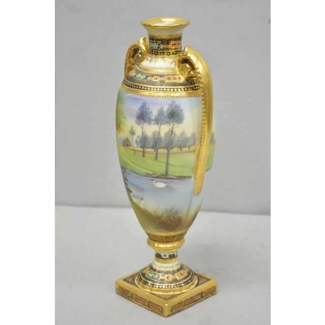 Gold Antique Nippon Hand Painted Twin Handled Gold Gilt Lake & Swan Scene Bolted Vase For Sale - Image 8 of 17