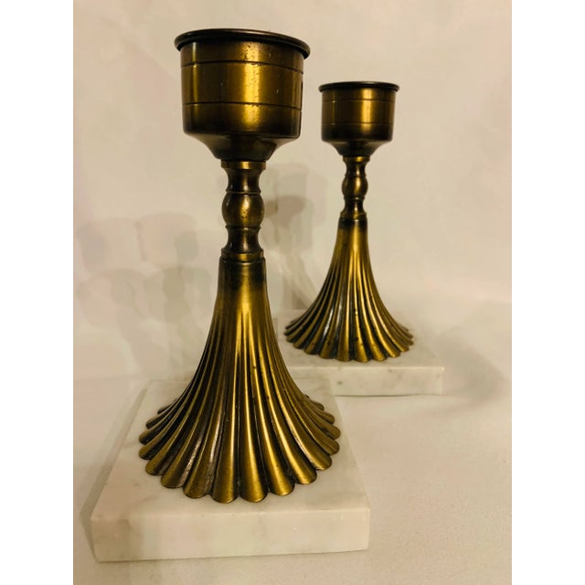 Mid 20th Century Mid 20th Century Hollywood Regency White Marble and Brass Candlesticks - Set of 2 For Sale - Image 5 of 13