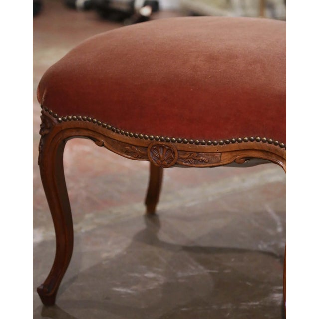French Title: Early 20th Century French Louis XV Walnut Stool With Velvet Seat For Sale - Image 3 of 9