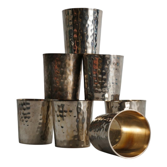 Art Deco Hand-Hammered Silver-Plated Shot Glasses, 1930s, Set of 7 For Sale
