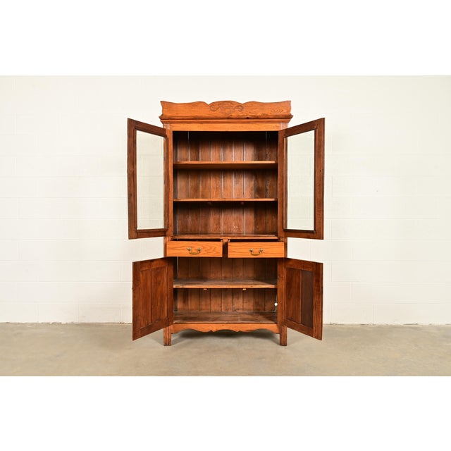 Early 20th Century Antique Victorian Carved Oak Glass Front Bookcase or Dining Cabinet, Circa 1900 For Sale - Image 5 of 17
