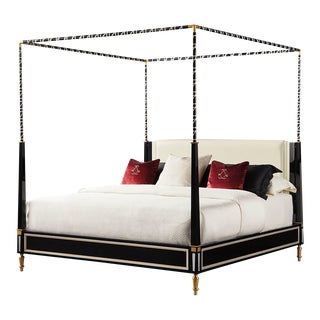 French Black Lacquer & Leather Canopy Bed