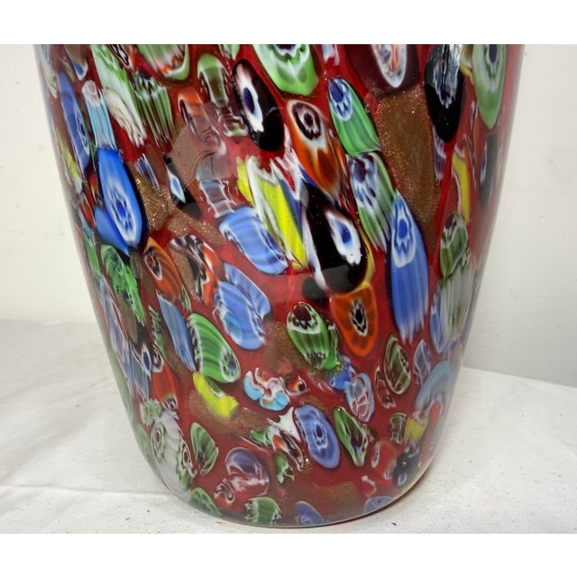 Glass Tall Vintage Murano Italian Hand Blown Red Millefiori Art Glass Vase Sculpture For Sale - Image 7 of 11