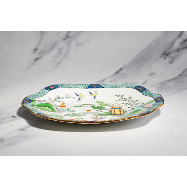 English Hand Painted Square Antique Porcelain Cake Plate Ye Olde Willow Crown Staffordshire Asian Chinoiserie Tiffany & Co Home Decor For Sale - Image 11 of 16