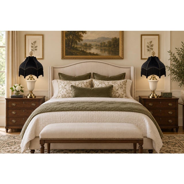 Vintage Neoclassical Cream Urn Lamps With Midnight Black Velvet Fringe Shades - a Pair For Sale - Image 9 of 11