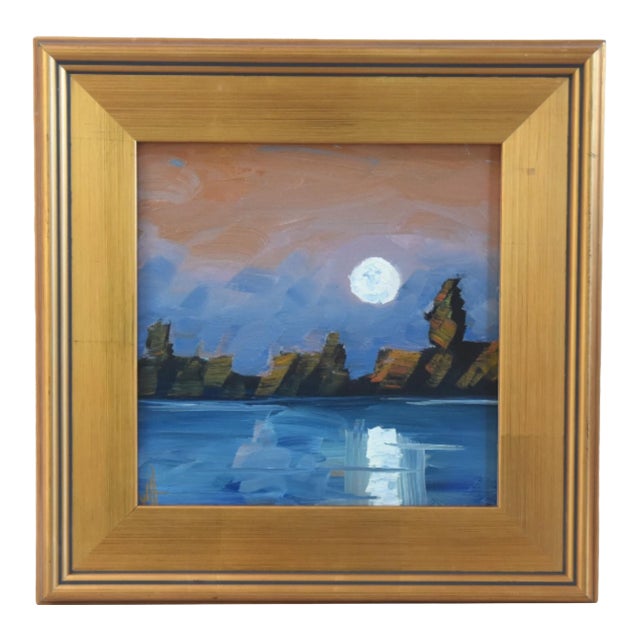 William Hawkins Moonlight Landscape Seascape Painting Including the Antiqued Gold Wood Frame For Sale