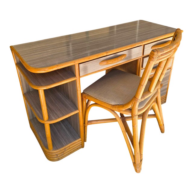 1950s Mid Century Rattan Grasscloth Streamline Wood Desk and Chair For Sale