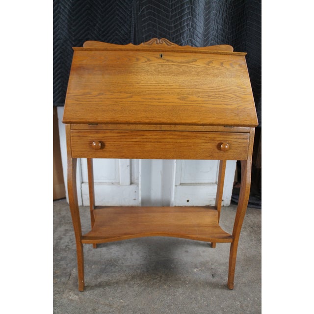 Antique Late Victorian Petite Oak Slant Top Secretary Ladies Writing Desk 28" For Sale - Image 10 of 12