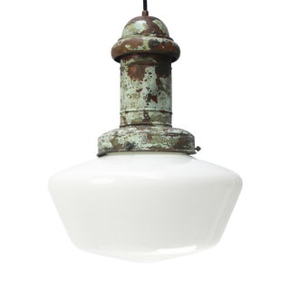 Aged Copper and White Opaline Glass Pendant Light For Sale