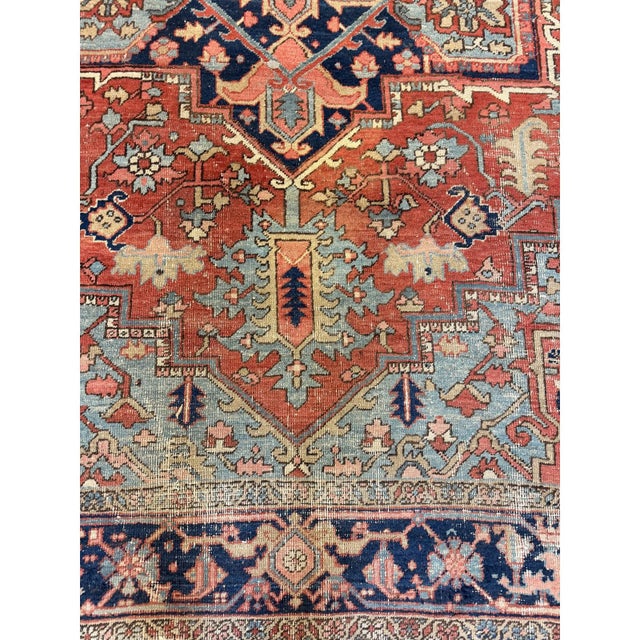 1890s Red Field Medallion Rustic Antique Heriz Knotted Wool Rug For Sale - Image 4 of 4