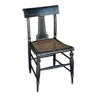 Mid 19th Century Antique Black Lacquered Chair With Original Cane Seat and Gilt Decoration For Sale