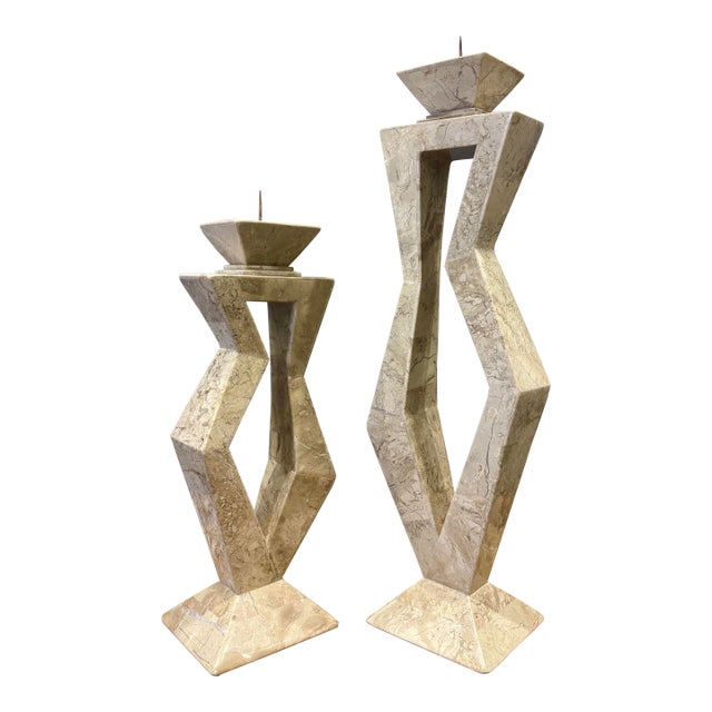 Vintage Postmodern Tessellated Stone Candlesticks, Pair, Karl Springer Style For Sale