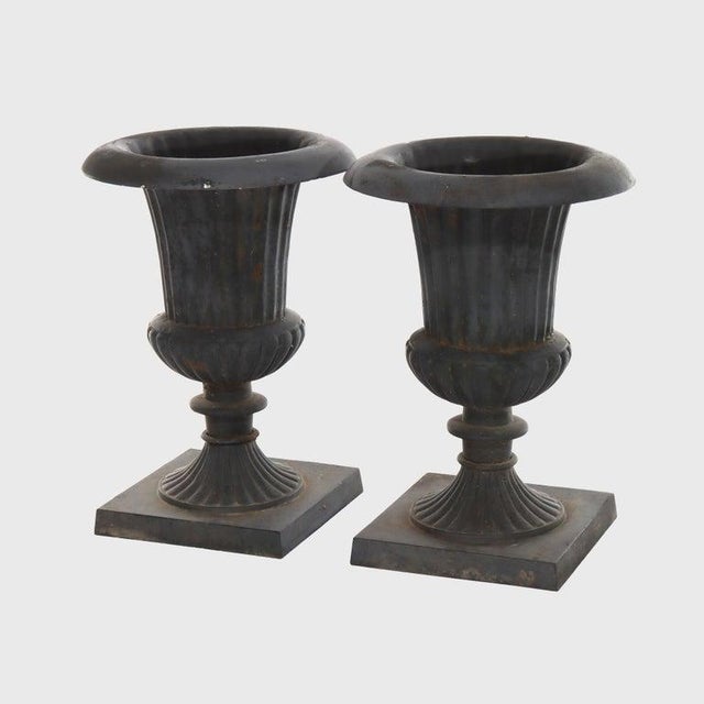 Pair of Antique Neoclassical Cast Iron Melon Ribbed Garden Urns C1930 For Sale - Image 6 of 10