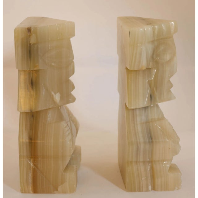 Vintage Carved Mexican Aztec Mayan Figure Onyx Stone Bookends 1950s For Sale - Image 9 of 12