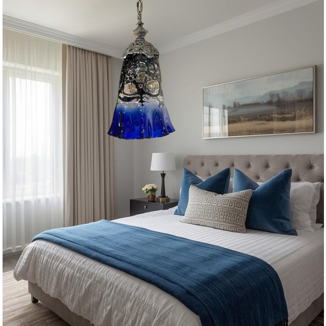 Vintage Fazzoletto Cobalt Blue Black Fenestrated Art Glass Pendant Light For Sale - Image 10 of 18