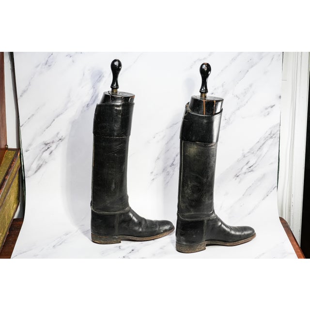 Black Country Chic Black Leather Antique Riding Boots Horse Equestrian Home Decor Prop For Sale - Image 8 of 10