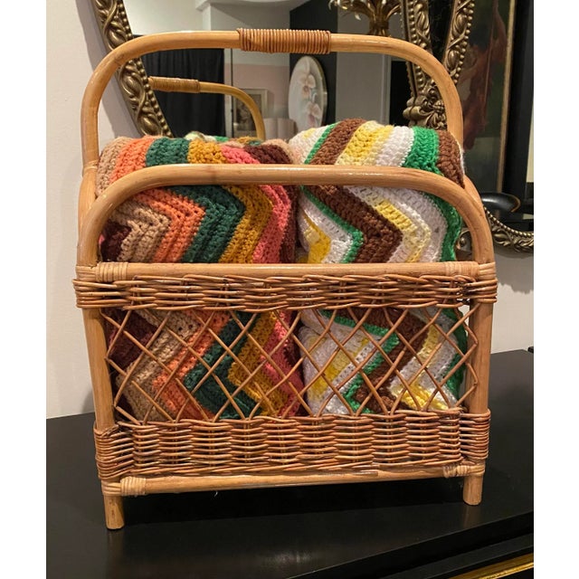 Oversized 1970s organization storage bamboo basket with arched handle. A beautiful way to accommodate magazines, record,...