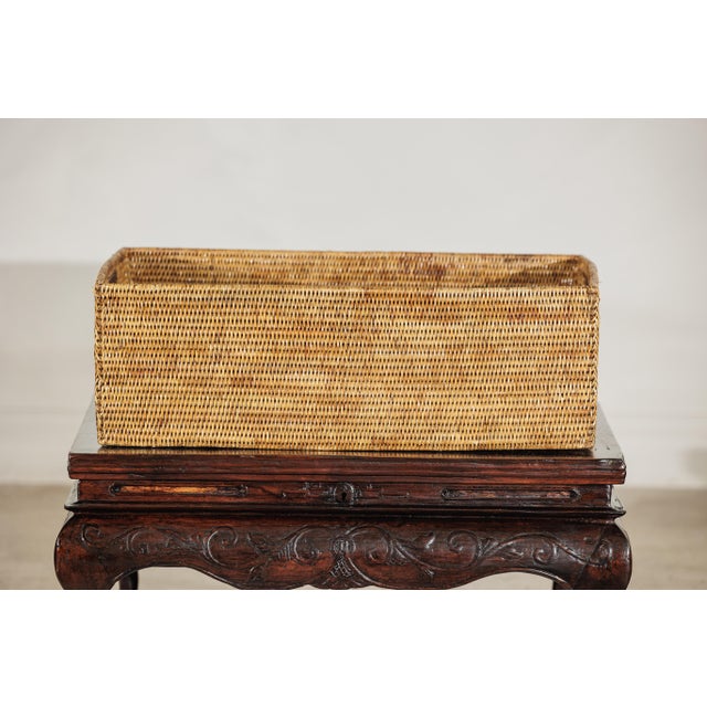 Vintage Rectangular Handwoven Rattan Basket with Wooden Side Handles For Sale - Image 18 of 18
