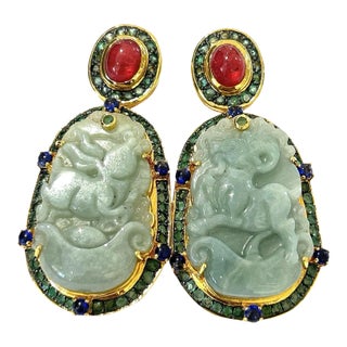 Bochic “Orient” Vintage Jade, Ruby, Emerald & Sapphire Earrings Set in 18k Gold and Silver - 2 Pieces For Sale