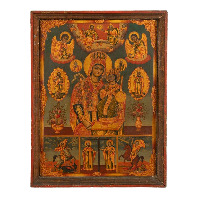 Antique 19th C Greek Orthodox Icon Virgin Mary & Jesus St. George & Dragon 1800 For Sale