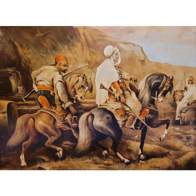 Signed Orientalist Oil Painting – Arabian Horsemen in the Desert Landscape, Mid-20th Century. For Sale - Image 4 of 10