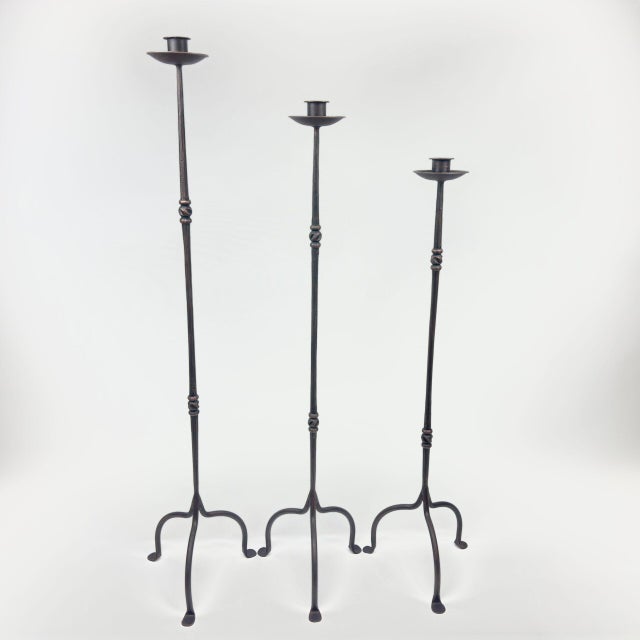 Hand Forged Iron Candelabra Set of 3 (93-113cm) Antique Copper Finish Slender Stem with High Arched Base For Sale - Image 6 of 6