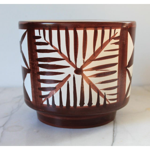 Vintage brown and white pottery planter with geometric design. Made in Italy. Makers mark on bottom. No chips or cracks....