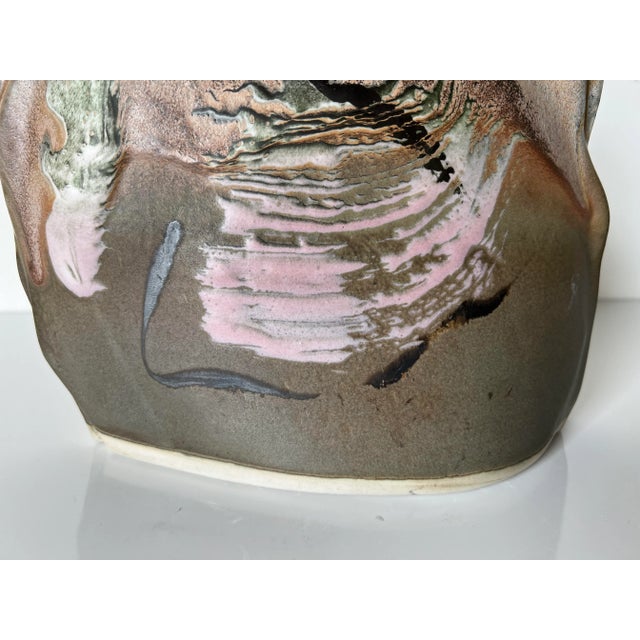 Vintage Art Pottery Vase With Hand Painted Abstract Pattern , Signed For Sale - Image 4 of 9